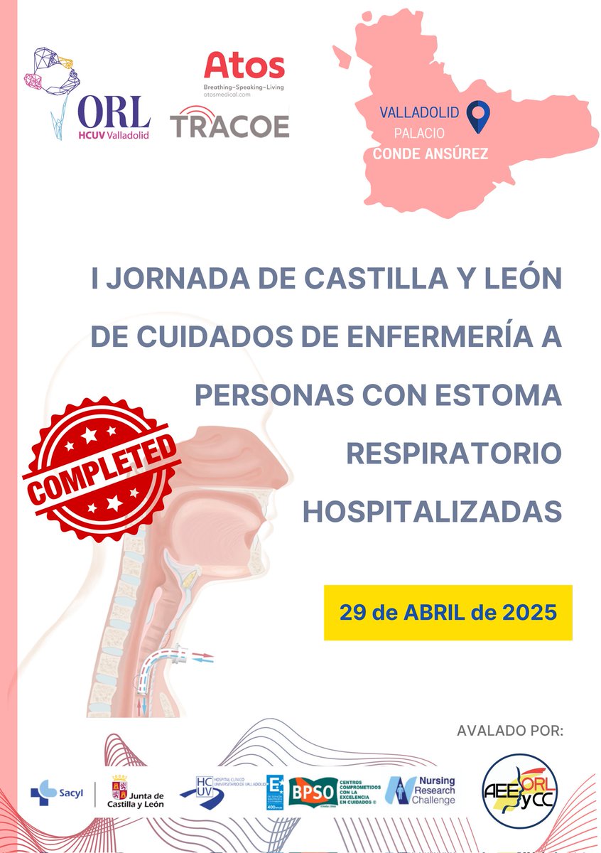 ¡Os esperamos!
Todo preparado, aforo completo!!!
Organiza: Unidad de enfermería de ORL HCUV Lema: Claves en el cuidado de personas con estoma respiratorio hospitalizadas Un reto enfermero.
Aval: <a href="/aeeorlcc/">AEEORLCC</a> 
Colabora: Atos medical/Tracoe
#traqueostomía #laringectomía 
#EnfermeraORL