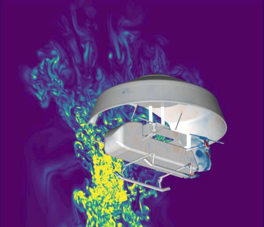 The lander of Dragonfly, NASA's first rotorcraft designed for science exploration on another planet, during mid-air separation in Titan's atmosphere. High-fidelity unsteady flow analysis by <a href="/pventuradiaz/">Patricia Ventura</a> of <a href="/NASAAmes/">NASA Ames</a>