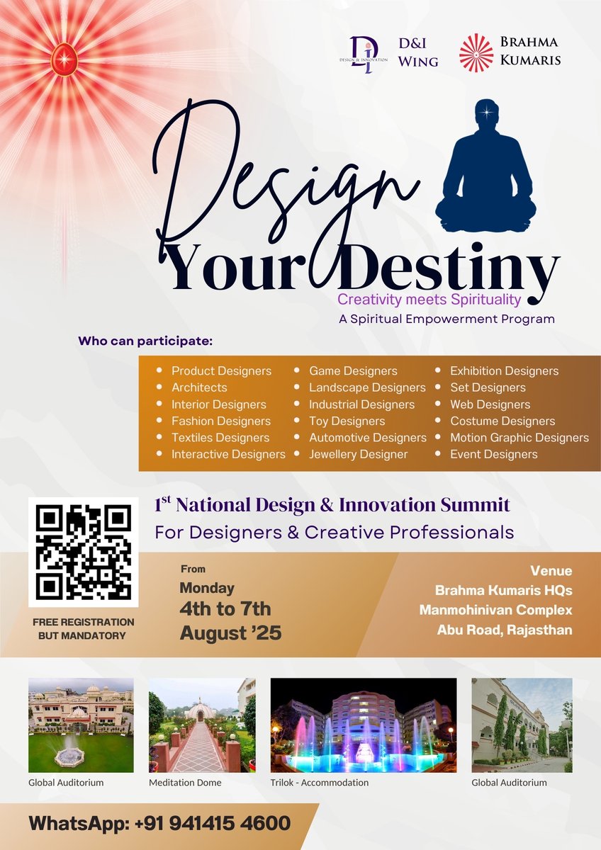BKDIWing's tweet photo. Hearty Invitation to 1st National Design and Innovation Summit @ Serene &amp; tranquil Manmohinivan Complex.

All Designers are most welcome to participate.

Scan the QR code for Registration.

Welcome to an Experiential Spiritual Retreat. https://t.co/TwmxaXsXM7