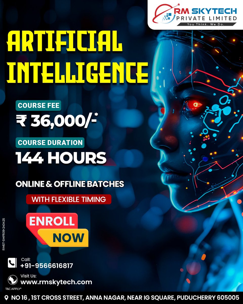 RMSkyTech1's tweet image. 🤖 Unlock the Power of AI! ✨ Comprehensive AI Course (144 Hours)! Flexible Online/Offline! Enroll Now! Call: +91-9566616817. Visit: zurl.co/vvwDW #ArtificialIntelligenceCourse #AICareer #PuducherryTech #RMSkytech