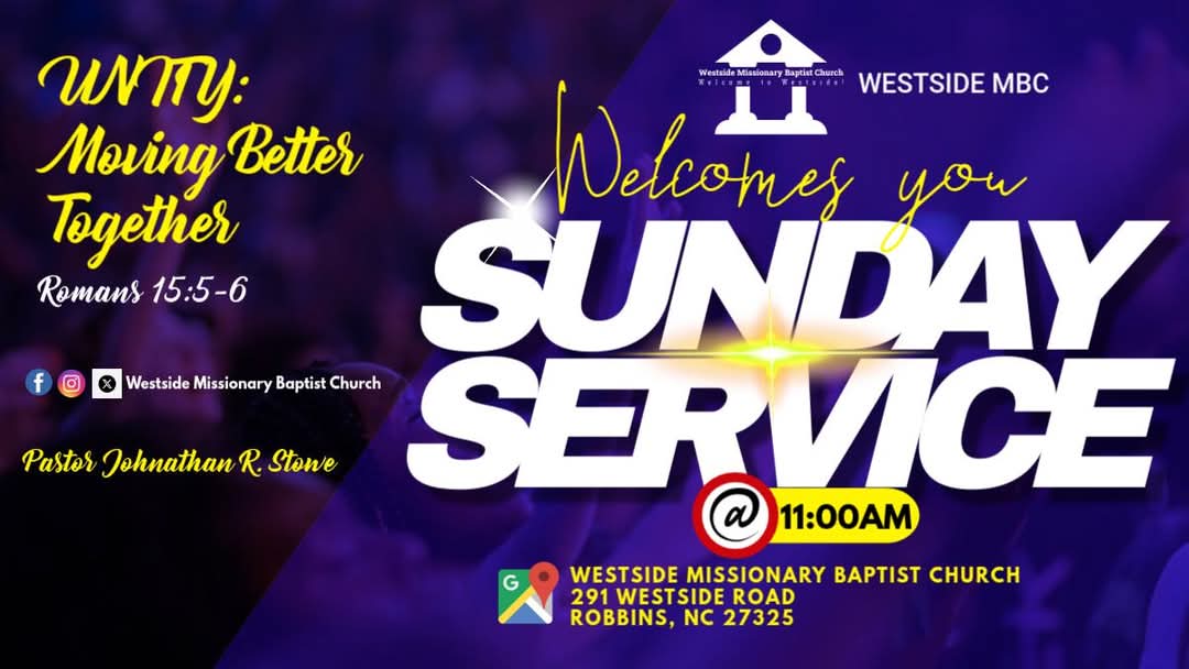 You're invited to Sunday Service at Westside MBC! Join us at 11am as we come together in unity, moving better as one body in Christ. Can’t attend in person? Watch live on Facebook facebook.com/share/15WTjFW2…… !

#Welcome2Westside #UNITY #MovingBetterTogether
