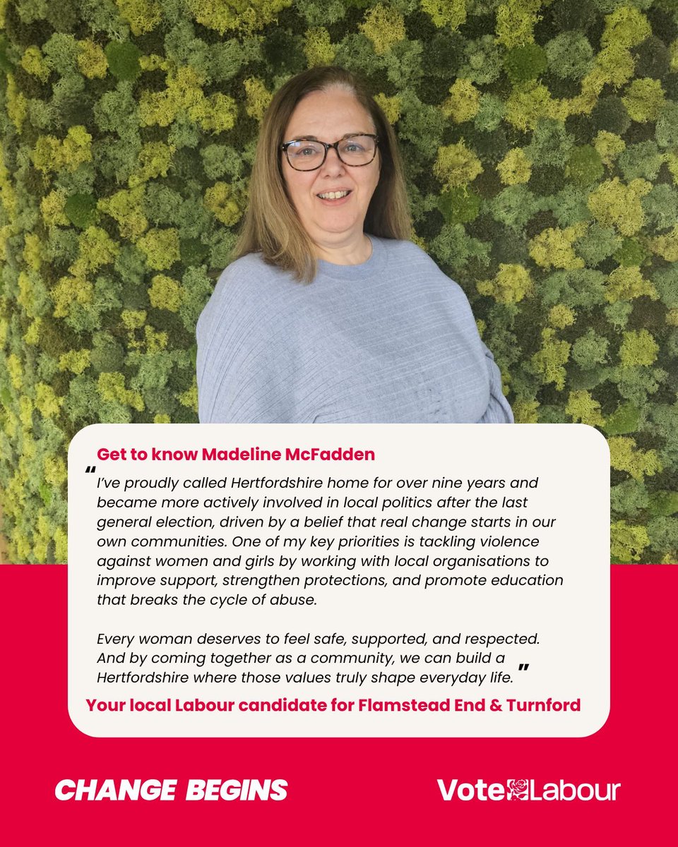 🙋‍♀️ Get to know Madeline McFadden better, your local Labour candidate for Flamstead End &amp; Turnford.

🗳️ Remember to vote Labour on Thursday 1 May. 🌹 

👤 And don't forget you need Photo ID to vote.