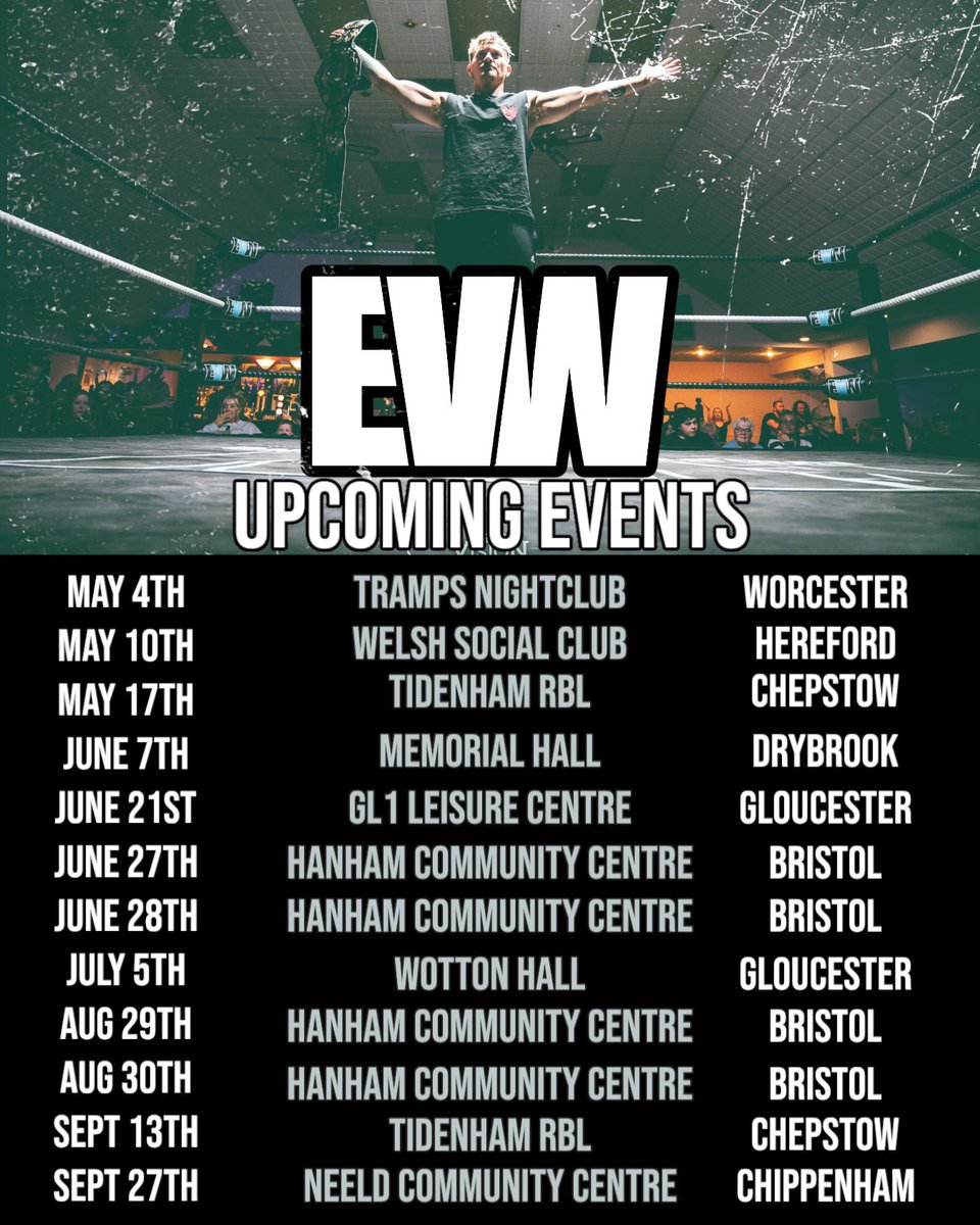 evolutionwres's tweet photo. EVW UPCOMING EVENTS

Evolution Wrestling has been on FIRE this year!
With sell out after sell out.
Banger after Banger!
New venue after new venue.

Check out some of our upcoming events!

https://t.co/wMaTIY8byM https://t.co/dasCT1wQdD