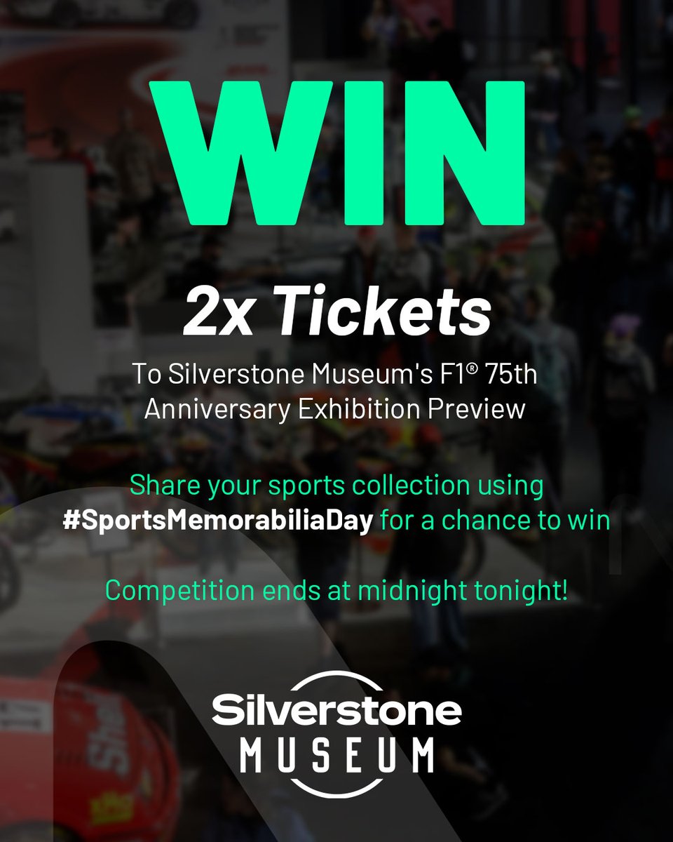 COMPETITION ENDS AT MIDNIGHT TONIGHT!
 
WIN 2 x tickets to an exclusive preview of the upcoming @SilverstoneMuseum F1® 75th Anniversary Exhibition. Enter now by posting photos and videos of your sports memorabilia across social using #SportsMemorabiliaDay