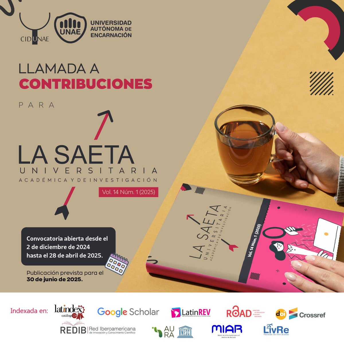 🚨 ¡Último día!
📖 Llamado a contribuciones para 𝗟𝗮 𝗦𝗮𝗲𝘁𝗮 𝗨𝗻𝗶𝘃𝗲𝗿𝘀𝗶𝘁𝗮𝗿𝗶𝗮 𝗔𝗰𝗮𝗱𝗲́𝗺𝗶𝗰𝗮 𝘆 𝗱𝗲 𝗜𝗻𝘃𝗲𝘀𝘁𝗶𝗴𝗮𝗰𝗶𝗼́𝗻, Vol. 14 Núm. 1 (2025)
🔎 Para presentar tu artículo completo, visitá el siguiente enlace: info.unae.edu.py/saeta-25-1