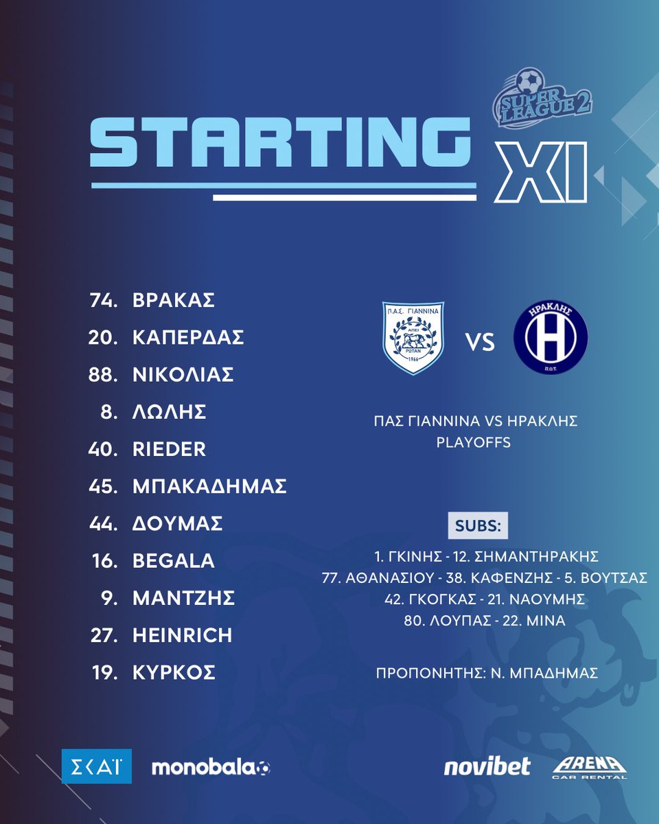 #startingxi
Η σημερινή εντεκάδα απέναντι στον Ηρακλή για την 9η αγωνιστική των #playoffs της #superleague2

#pasgiannina #pasgianninafc #pas #novibet #cararena
#skaitv #monobala