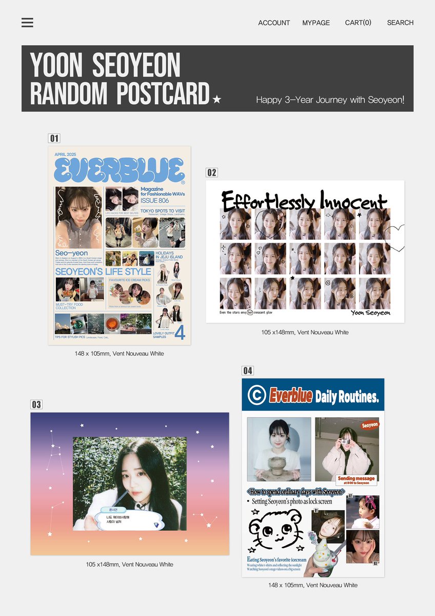 𝘏𝘢𝘱𝘱𝘺 𝟥-𝘠𝘦𝘢𝘳 𝘈𝘯𝘯𝘪𝘷𝘦𝘳𝘴𝘢𝘳𝘺☆
#윤서연 공개 3주년 기념 엽서세트 나눔•••

#RT 추첨 세 분께 엽서세트를 보내드립니다.

🗓️ 당발 5월 1일

*국내 주소만 가능합니다.