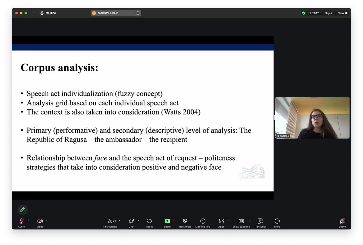 Ana Lalić (U of Sarajevo), discussing the #historicalsociolinguistics of face and request speech acts in medieval diplomatic documents from Dalmatia, on Day 1 of the 2025 #NARNiHS Research Incubator (4/25/2025).