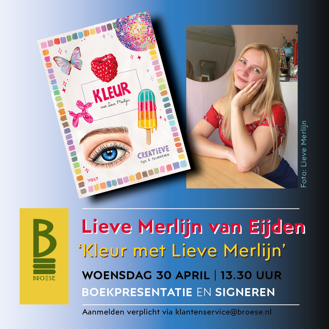 ‘Ik houd heel erg van tekenen, schilderen en kleuren. In mijn boek 'Kleur met Lieve Merlijn' deel ik mijn favoriete kleurtips en leer je mijn technieken om kleurrijke en indrukwekkende creaties te maken op papier.’ – Lieve Merlijn. Meld je aan: broese.nl/agenda/meet-gr…