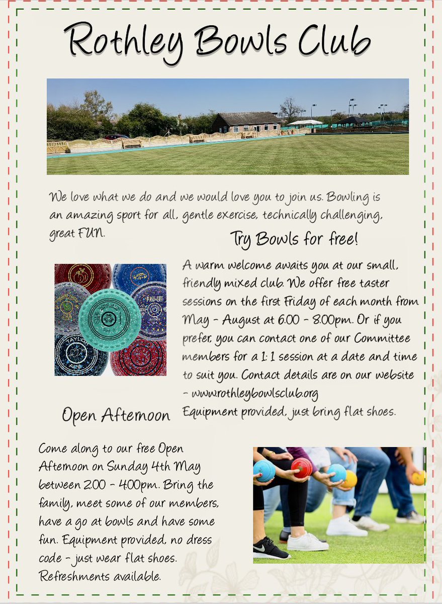 Fancy trying bowls? Join us at our open afternoon on Sunday 04 May (2pm-4pm), meet our club members &amp; try your hand at lawn bowls. Free taster sessions also run on 1st Friday of the month. Full details below. Look forward to seeing you next week!! #friendship #community