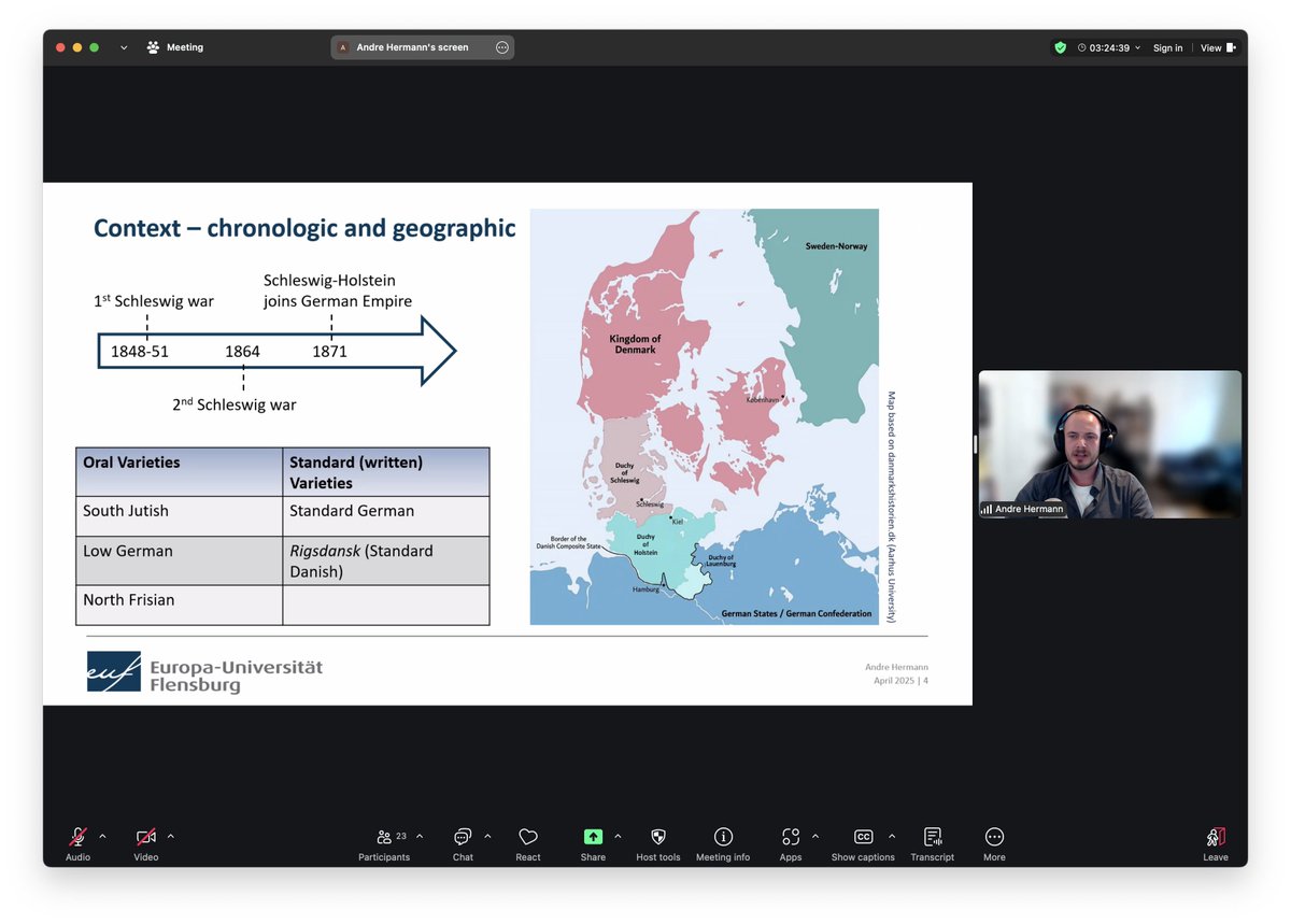 Andre Hermann (Europa-U Flensburg) on future teachers’ perception(s) of the #historicalsociolinguistics of the Duchy of Schleswig in the 19th century, on Day 1 of the 2025 #NARNiHS Research Incubator (4/25/2025).