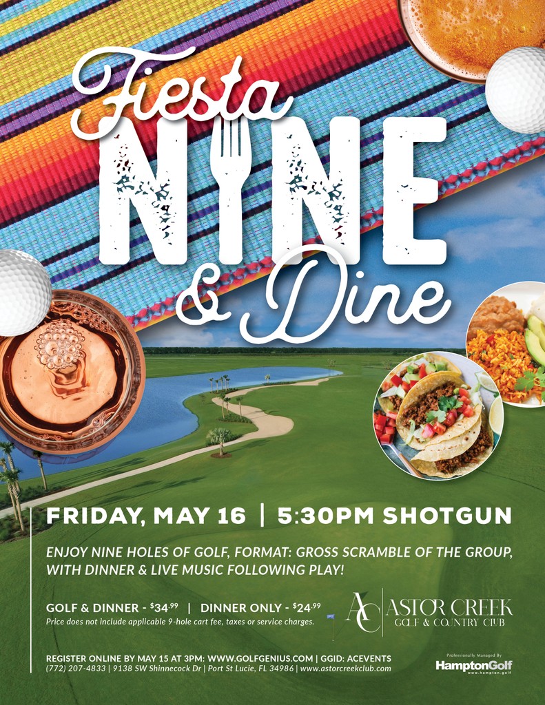 ⛳️Members! Register for our May🏌️Nine &amp; 🍴Dine!⁠
⁠
Friday, May 16 | 5:30PM Shotgun⁠
9-Hole Event with a 🌮 Fiesta Dinner and 🎶Live Music Following Play!⁠
⁠
𝐏𝐥𝐞𝐚𝐬𝐞 𝐫𝐞𝐠𝐢𝐬𝐭𝐞𝐫 𝐛𝐲 𝐌𝐚𝐲 𝟏𝟓 𝐚𝐭 𝟓𝐏𝐌. Member-only event. For more info: (772) 207-4833