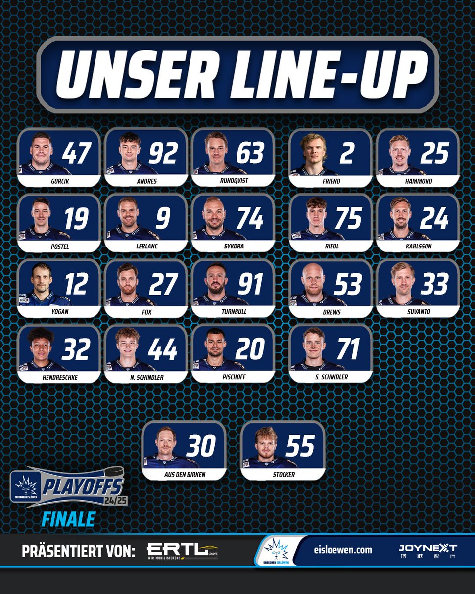 Finale Spiel 6: um 17:00 Uhr geht's los, wir empfangen zum dritten und letzten Mal in dieser Serie die Ravensburg Towerstars - wir beginnen mit dieser Aufstellung!

#EislöwenRudel #DresdnerEislöwen #DREvsRVT