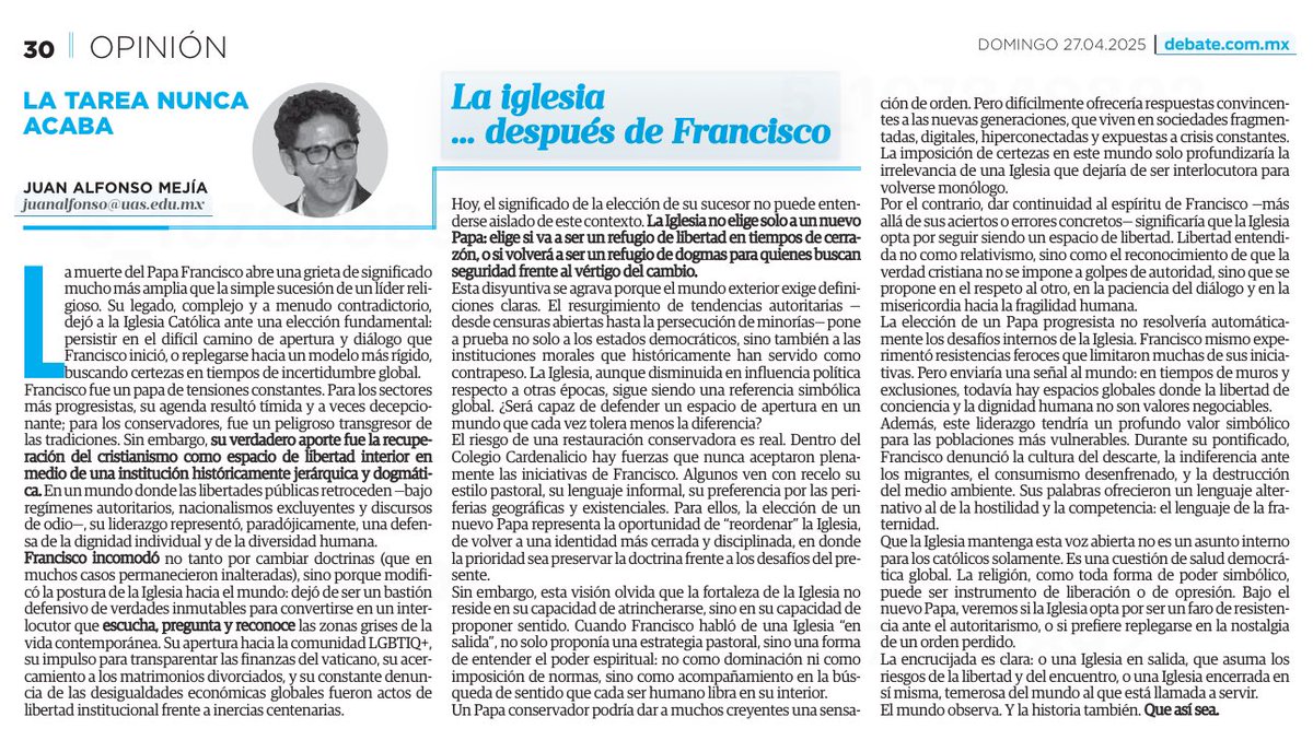 JuanAlfonsoML's tweet photo. La Iglesia no elige solo a un nuevo Papa: elige si va a ser un refugio de libertad en tiempos de cerrazón, o si volverá a ser un refugio de dogmas para quienes buscan seguridad frente al vértigo del cambio.

Gracias por compartir.  @ELDEBATE 

https://t.co/5YhAzIDDCS  

#LaTareaNuncaAcaba✏️
