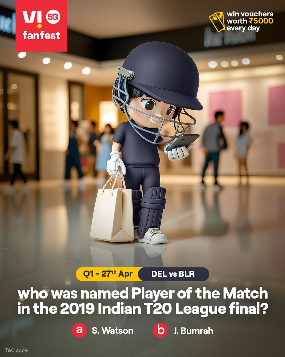 ViCustomerCare's tweet photo. Cricky is testing your cricket IQ 🏏💡
Comment #Vi5Gfanfest with the right answers to all 5 questions today and stand a chance to win vouchers worth ₹5,000 🎟️✨🏆
.
.
#ChallengeAlert #WinPrizes #Quiz #ParticipateAndWin #DELvsBLR #Delhi #Bengaluru https://t.co/CUONjJPhKp