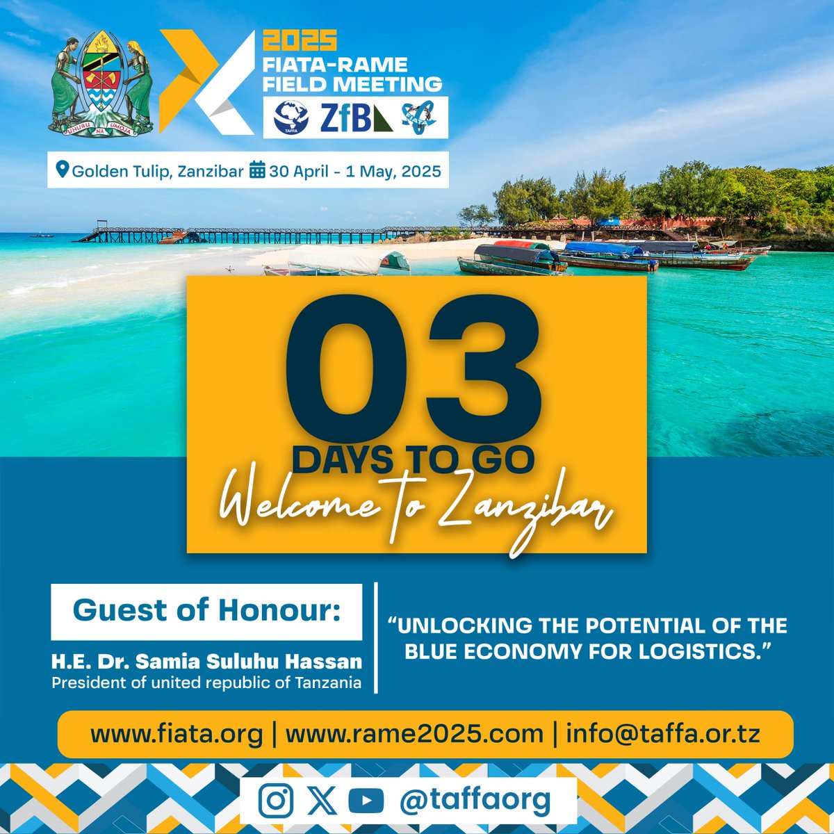 ⏳ 3 DAYS TO GO!

Join logistics professionals from around the world at the #FIATARAME2025 Field Meeting

📅 April 30–May 1, 2025
📍 Golden Tulip, Zanzibar

🎯 Theme: Collaborating in the Blue Economy: Transforming Logistics for Sustainability

🔗Register: rame2025.com