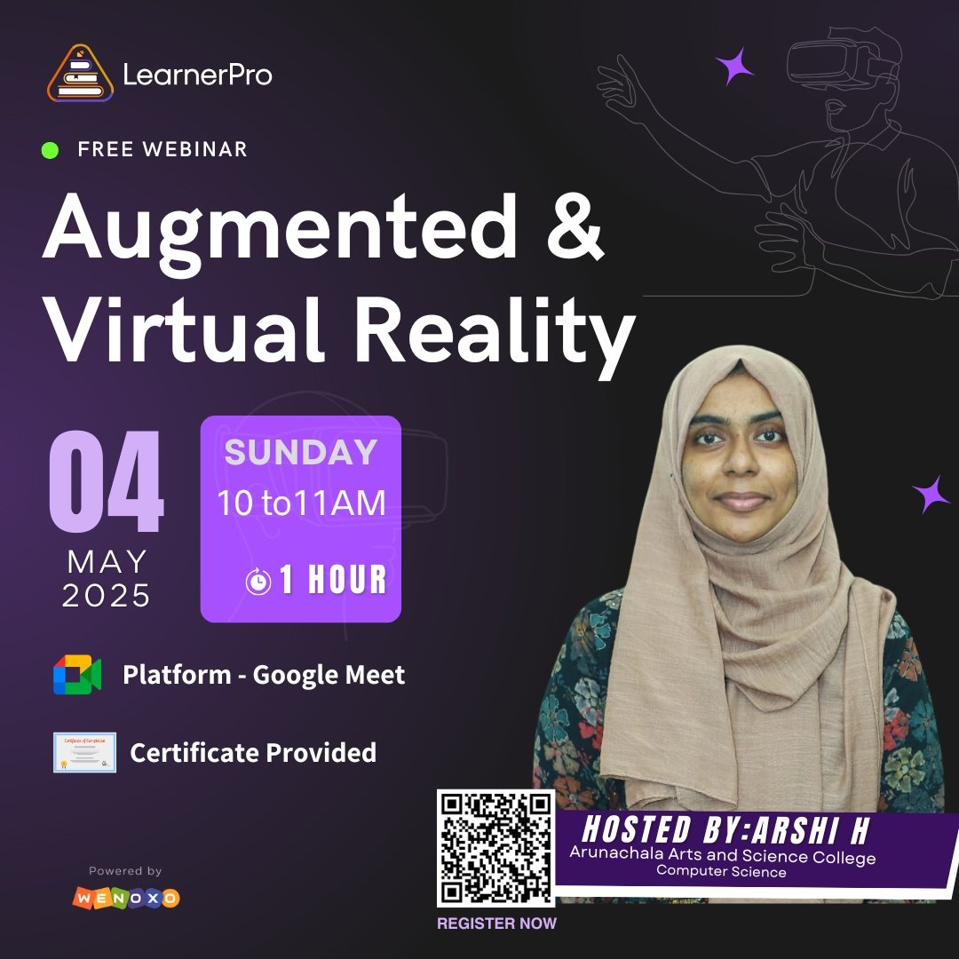 learnerPro2023's tweet image. Step Into the Future with AR &amp;amp; VR !
Date: May 04, 2025
🕒 Time: 10 AM - 11 AM
📍 Live on Google Meet
📩 Link will be sent via WhatsApp

📲 Scan the QR code to register
OR
✅ Apply here: learnerpro.in/webinarform

#augmentedreality #virtualreality #technologywebinar #webinarseries