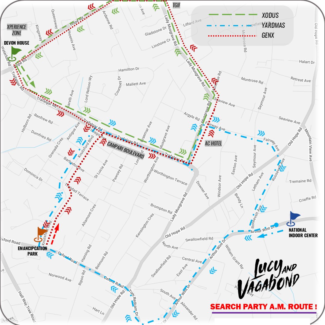 LucyAndVagabond's tweet photo. Welcome to the BEST time of the year! Don’t get lost today and worry where to find your bands! Save, share and RT our “Search Party” Road Map w/ all 3 band routes provided! 🗺️ 🔍 🥳 

#CarnivalinJamaica https://t.co/ddttAP9rEt