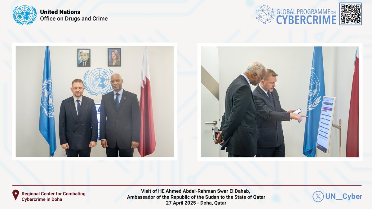 UNODC_Cyber's tweet photo. Doha, 🇶🇦, 27 April 2025 | Today, the @Un__Cyber’s #CyberDohaCenter met with H.E. Ahmed Abdel-Rahman Siwar Al Dahab, Ambassador of 🇸🇩 @MofaSudan to discuss cooperation opportunities and the importance of the #UNConventionAgainstCybercrime. 
#Cooperation 🇺🇳🤝🇸🇩. https://t.co/7Tvra2cSYb