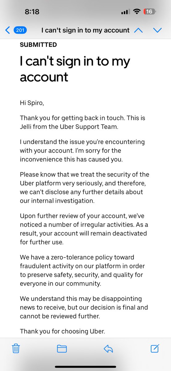 spirodimitrops's tweet photo. @Uber_Support @Uber Uber randomly deactivated my account and won’t even explain why or offer to reactivate??? https://t.co/kl7ErNK9lg