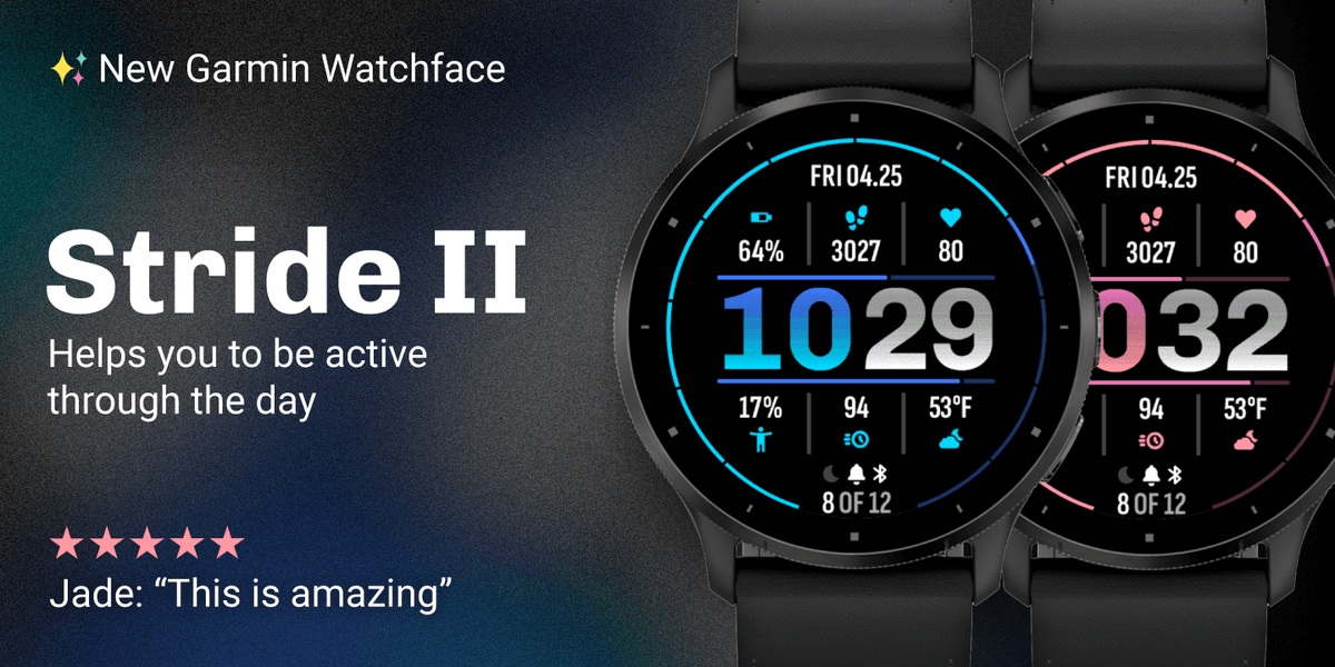VAW's tweet photo. Stride II - A Garmin watchface that tracks your activity through the day. #garmin #watchface #garminconnectiq #connectiq https://t.co/EjPVcHIoeO https://t.co/LnAEdOguq3