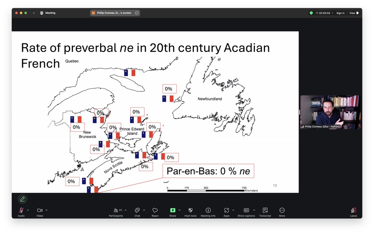 Philip Comeau (U du Québec à Montréal) discussed the #historicalsociolinguistics of variation in preverbal negation and first-person plural reference in Acadian French on Day 2 of the 2025 #NARNiHS Research Incubator (4/26/2025).