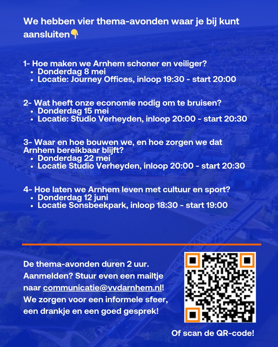 𝗪𝗮𝘁 𝘄𝗶𝗹 𝗷𝗶𝗷 𝗼𝗻𝘀 𝗺𝗲𝗲𝗴𝗲𝘃𝗲𝗻 𝗶𝗻 𝗮𝗮𝗻𝗹𝗼𝗼𝗽 𝗻𝗮𝗮𝗿 𝗱𝗲 𝘃𝗲𝗿𝗸𝗶𝗲𝘇𝗶𝗻𝗴𝗲𝗻? Graag gaan wij met jou in gesprek over de toekomst van Arnhem. Doe je mee? Meld je dan nu aan voor een van de themasessies✅🧡

#Gemeenteraadsverkiezingen2026 #VVDArnhem