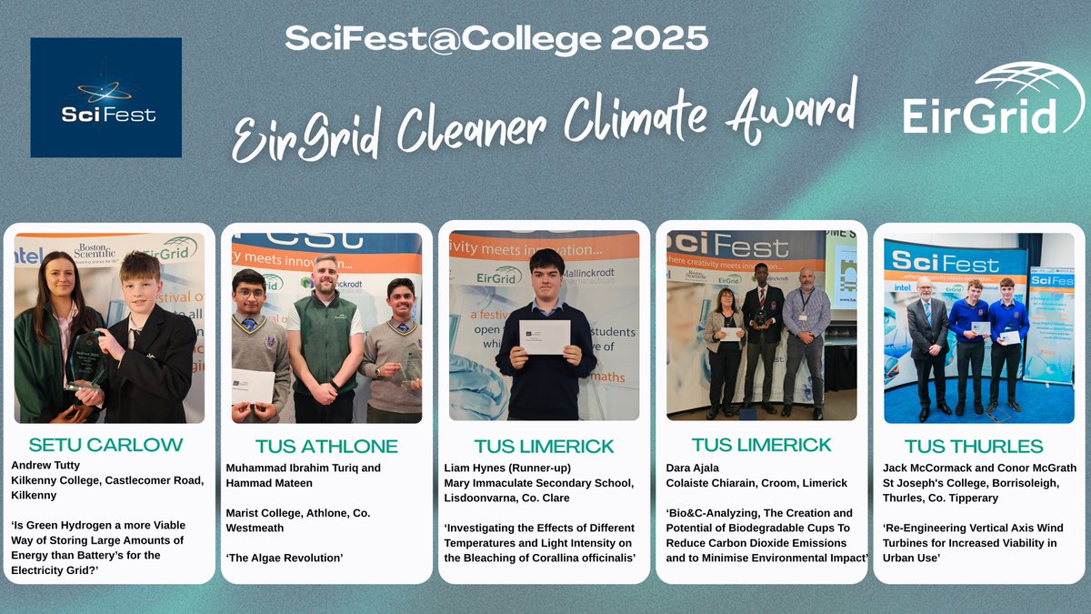 SciFest4stem (@scifest4stem) on Twitter photo 🌍Congrats to the winners of the <a href="/EirGrid/">EirGrid Plc</a> Cleaner Climate Award at the first 4 #SciFestatCollege 2025 STEM fairs in <a href="/SETUIreland/">South East Technological University</a> Carlow, & <a href="/TUS_ie/">Technological University of the Shannon</a> Athlone, Limerick, and Thurles. <a href="/kilkennycollege/">Kilkenny College</a> <a href="/MaristAthlone/">Marist College</a> <a href="/mary_secondary/">Mary Immaculate Secondary School</a> <a href="/stjosephsborris/">St Josephs College</a> <a href="/colaiste/">Coláiste Chiaráin</a> <a href="/IrishSciTeach/">ISTA</a> #scifest 🌍Congrats to the winners of the <a href="/EirGrid/">EirGrid Plc</a> Cleaner Climate Award at the first 4 #SciFestatCollege 2025 STEM fairs in <a href="/SETUIreland/">South East Technological University</a> Carlow, & <a href="/TUS_ie/">Technological University of the Shannon</a> Athlone, Limerick, and Thurles. <a href="/kilkennycollege/">Kilkenny College</a> <a href="/MaristAthlone/">Marist College</a> <a href="/mary_secondary/">Mary Immaculate Secondary School</a> <a href="/stjosephsborris/">St Josephs College</a> <a href="/colaiste/">Coláiste Chiaráin</a> <a href="/IrishSciTeach/">ISTA</a> #scifest