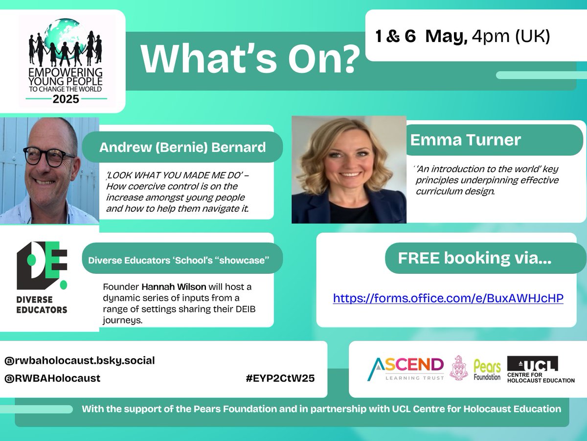 RWBAHolocaust (@rwbaholocaust) on Twitter photo Our #EYP2CtW25 online teachers conference series, continues tomorrow-15 July, w/ 20x90mins FREE CPD opportunities, from 4pm (GMT).
This week: Gemma Archibald <a href="/SmajoBeso/">Smajo Bešo OBE</a> <a href="/_WhatMakesAMan_/">Bernie 💙 Author | Speaker</a> <a href="/Emma_Turner75/">Emma Turner FCCT</a>.
BOOK now: forms.office.com/e/BuxAWHJcHP
RT: <a href="/Radley_and_me/">Nicola Brooks</a> <a href="/richardgerver/">Richard Gerver</a> Our #EYP2CtW25 online teachers conference series, continues tomorrow-15 July, w/ 20x90mins FREE CPD opportunities, from 4pm (GMT).
This week: Gemma Archibald <a href="/SmajoBeso/">Smajo Bešo OBE</a> <a href="/_WhatMakesAMan_/">Bernie 💙 Author | Speaker</a> <a href="/Emma_Turner75/">Emma Turner FCCT</a>.
BOOK now: forms.office.com/e/BuxAWHJcHP
RT: <a href="/Radley_and_me/">Nicola Brooks</a> <a href="/richardgerver/">Richard Gerver</a>
