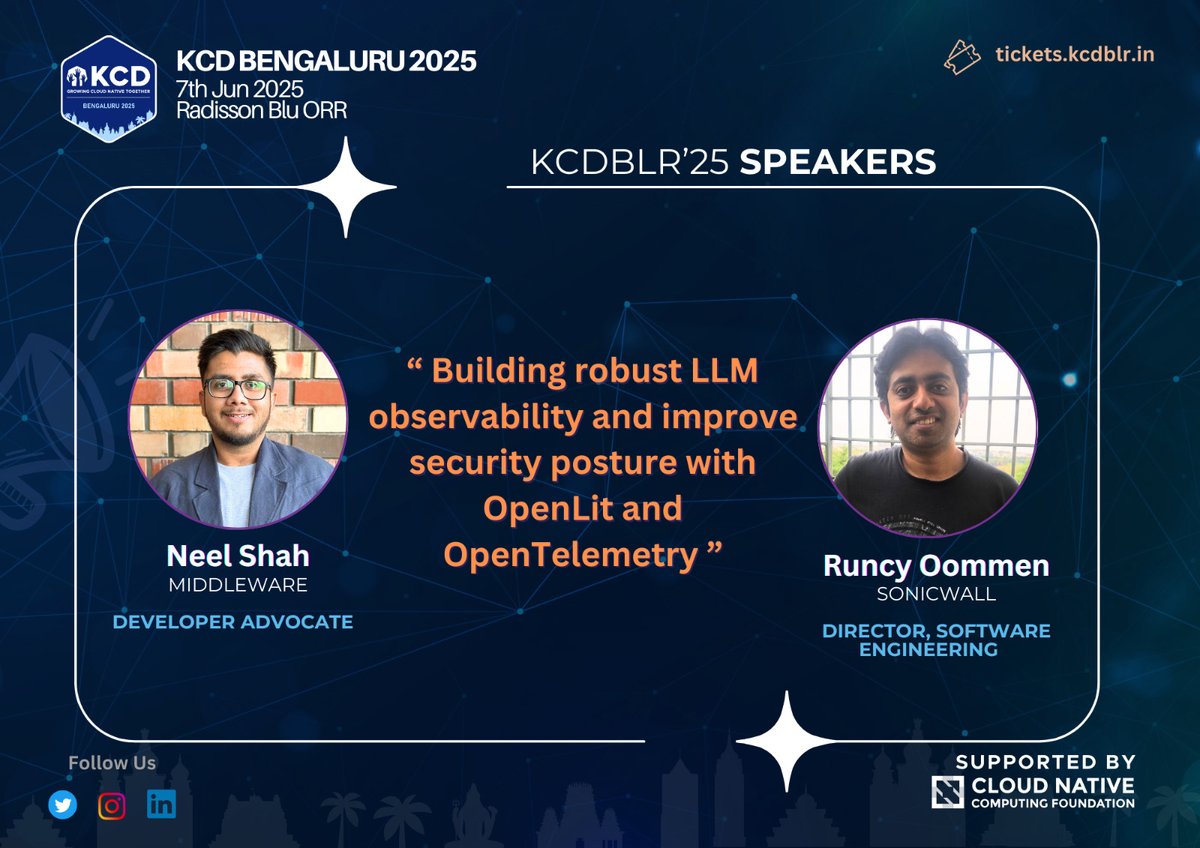 Kubernetes Community Days Bengaluru (@kcdbengaluru) on Twitter photo 🌟 Super thrilled to announce that <a href="/shahneel2409/">Neel Shah</a> (Neel Shah) from <a href="/middleware/">middleware</a> and <a href="/runcyoommen/">Runcy Oommen</a> (Runcy Oommen) from <a href="/SonicWall/">SonicWall</a> will be speaking at KCD Bengaluru 2025!
They'll dive into "Building Robust LLM Observability and Improving Security Posture with OpenLit and 🌟 Super thrilled to announce that <a href="/shahneel2409/">Neel Shah</a> (Neel Shah) from <a href="/middleware/">middleware</a> and <a href="/runcyoommen/">Runcy Oommen</a> (Runcy Oommen) from <a href="/SonicWall/">SonicWall</a> will be speaking at KCD Bengaluru 2025!
They'll dive into "Building Robust LLM Observability and Improving Security Posture with OpenLit and
