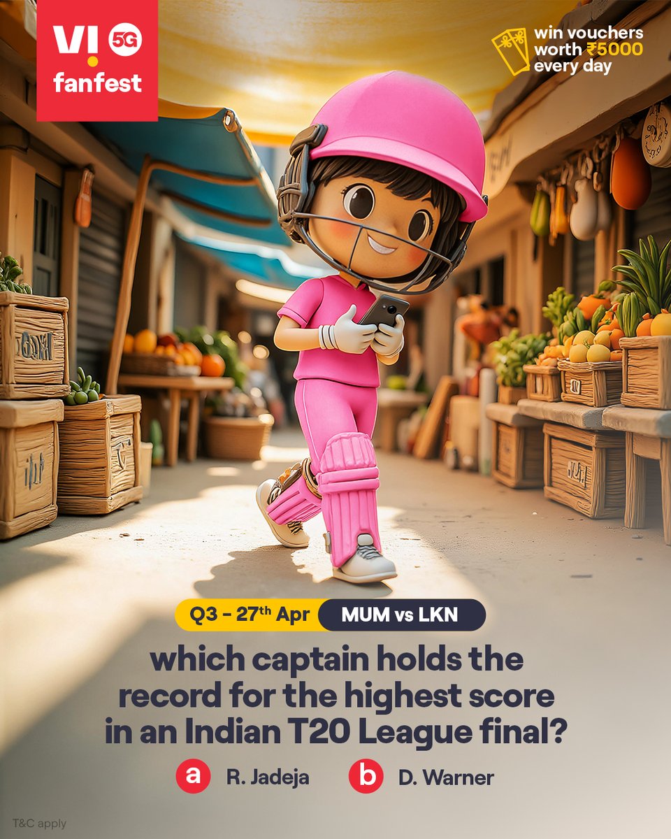 ViCustomerCare's tweet photo. Cricky is testing your cricket IQ 🏏💡
Comment #Vi5Gfanfest with the right answers to all 5 questions today and stand a chance to win vouchers worth ₹5,000 🎟️✨🏆
.
.
#ChallengeAlert #WinPrizes #Quiz #ParticipateAndWin #MUMvsLKN #Mumbai #Lucknow https://t.co/MGB0BGG3i7
