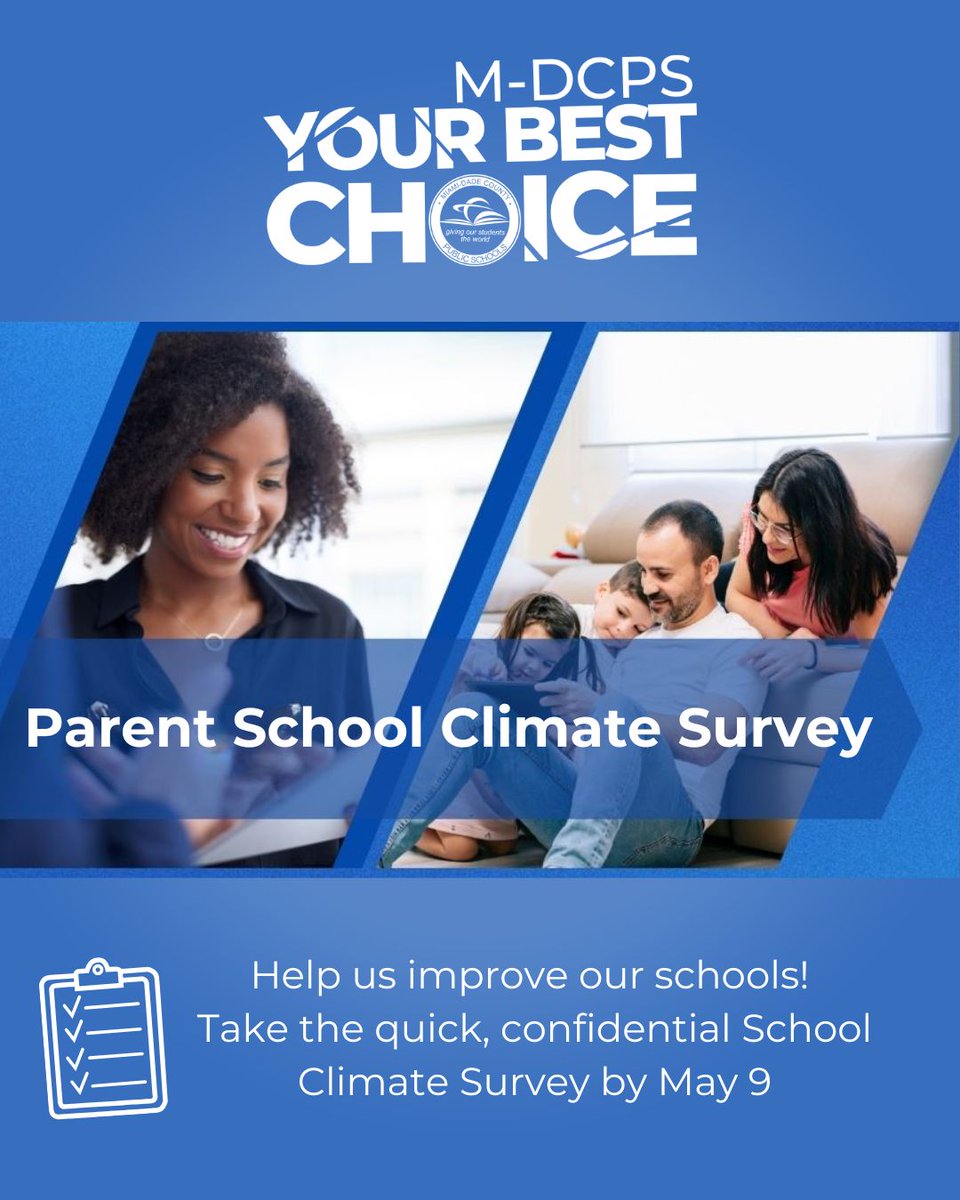 Jose L. Dotres, Ed.D. (@suptdotres) on Twitter photo Attention <a href="/MDCPS/">Miami-Dade Schools</a> families!
The 2024-2025 School Climate Survey is still open (due May 9), and your feedback is crucial in continuing our trajectory of excellence. The survey is quick, confidential, and available in English, Spanish, and Haitian Creole.
English: Attention <a href="/MDCPS/">Miami-Dade Schools</a> families!
The 2024-2025 School Climate Survey is still open (due May 9), and your feedback is crucial in continuing our trajectory of excellence. The survey is quick, confidential, and available in English, Spanish, and Haitian Creole.
English: