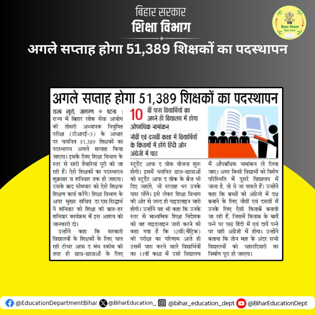 हर विद्यालय में सप्ताह के बेहतरीन छात्र घोषित होंगे । 

#शिक्षा_की_बात_हर_शनिवार 
#BiharEducationDept