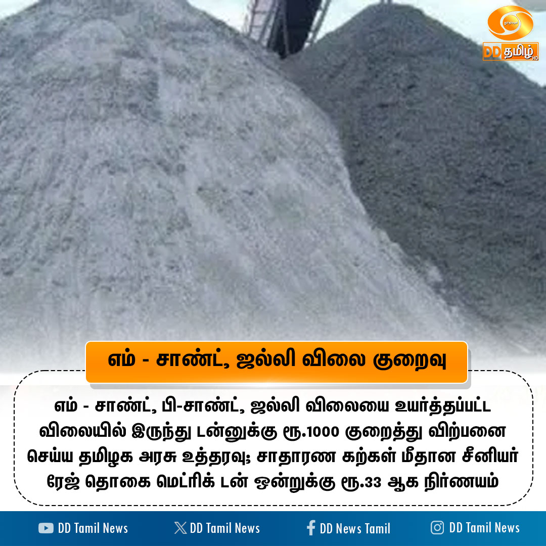 DDTamilNews's tweet photo. எம் - சாண்ட், ஜல்லி விலை குறைவு
#Msand #PSand #Price #DDTamilNews https://t.co/ojfNH50WrV