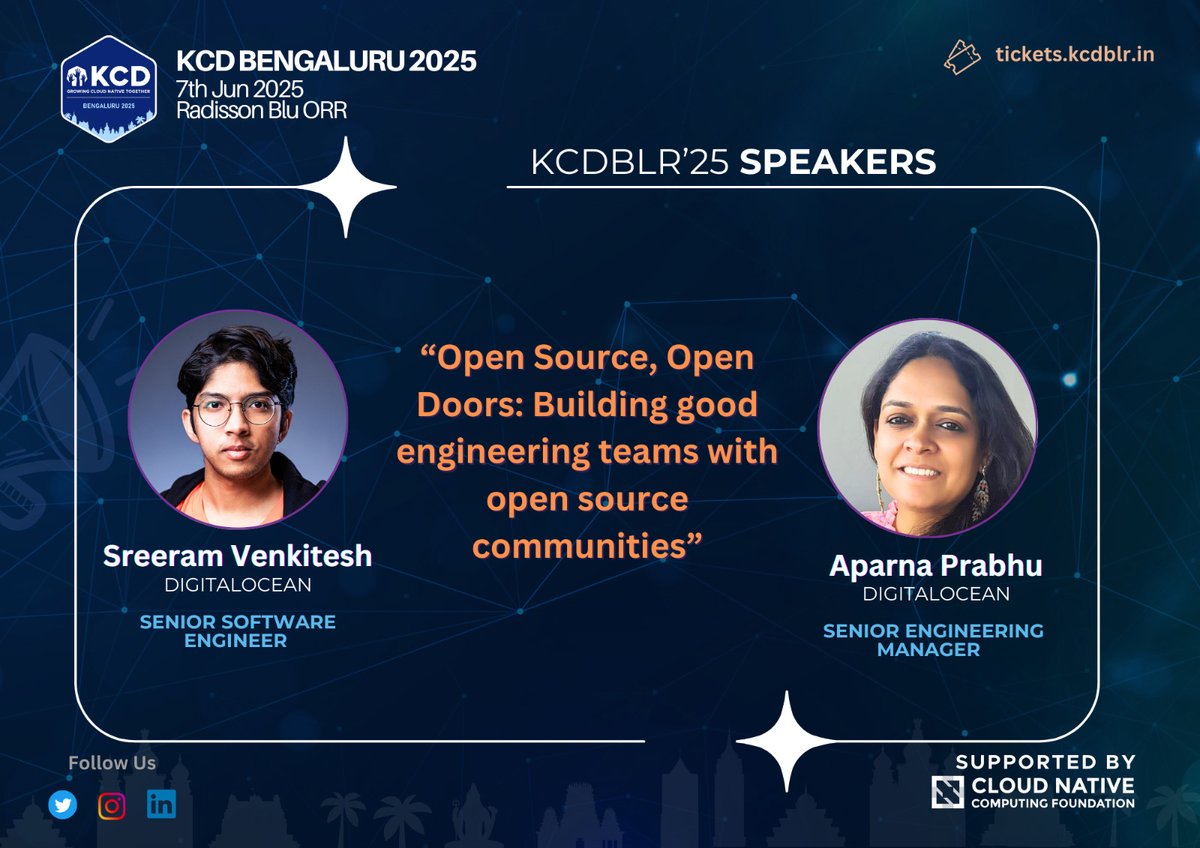 Kubernetes Community Days Bengaluru (@kcdbengaluru) on Twitter photo Super excited to share that <a href="/sreeramvnkitesh/">Sreeram Venkitesh</a> (Sreeram Venkitesh) and Aparna Prabhu from <a href="/digitalocean/">DigitalOcean</a> will be joining us at KCD Bengaluru 2025 as speakers! 👏 👏
🙌 They’ll be speaking on "Open Source, Open Doors: Building Great Engineering Teams with Open Source Communities." Super excited to share that <a href="/sreeramvnkitesh/">Sreeram Venkitesh</a> (Sreeram Venkitesh) and Aparna Prabhu from <a href="/digitalocean/">DigitalOcean</a> will be joining us at KCD Bengaluru 2025 as speakers! 👏 👏
🙌 They’ll be speaking on "Open Source, Open Doors: Building Great Engineering Teams with Open Source Communities."