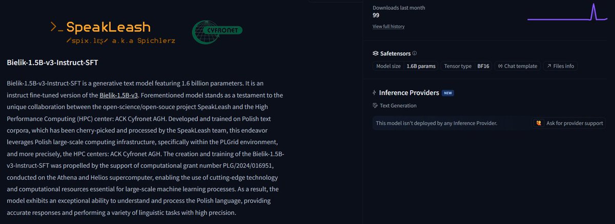#PolskieAI 🇵🇱 - jeszcze chwilę trzeba poczekać - Bielik v3 na początku maja. Polskie AI bo:
- stworzone w 🇵🇱
- na 🇵🇱 superkomputerze Helios w <a href="/Cyfronet/">ACK Cyfronet AGH</a> 
- przez Polaków 🇵🇱, wykształconych w 🇵🇱, płacących podatki w 🇵🇱
- na 🇵🇱 danych uwzględniając wiedzę typową dla 🇵🇱 i zgodność z