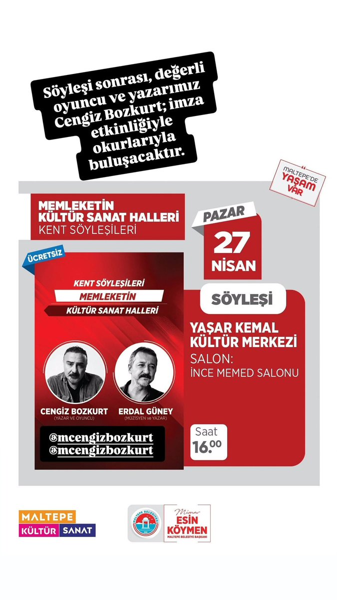 Bugün 16:00’ da Maltepe Belediyesi Yaşar Kemal Kültür  Merkezi’ndeyiz. Söyleşi sonrası kitabımı imzalıyorum. Bekleriz:)