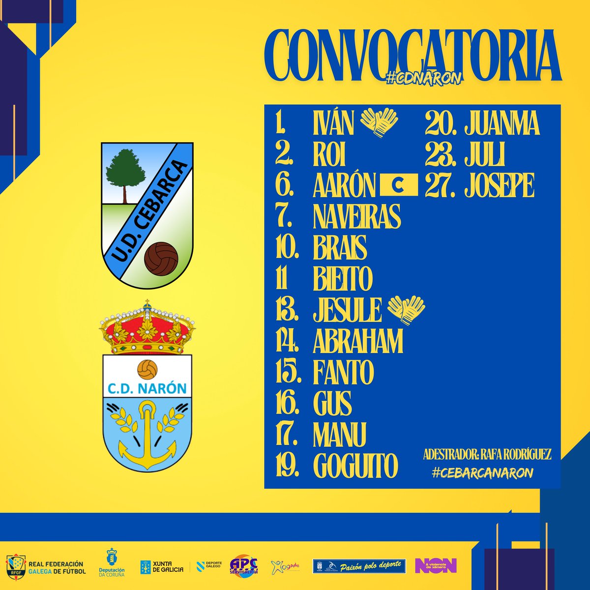 📑Lista de convocados por Rafita Rodríguez para o #CebarcaNaron de hoxe as 17:00 no #BernardinoBreijo 

¡Vamos! 

#CDNaron