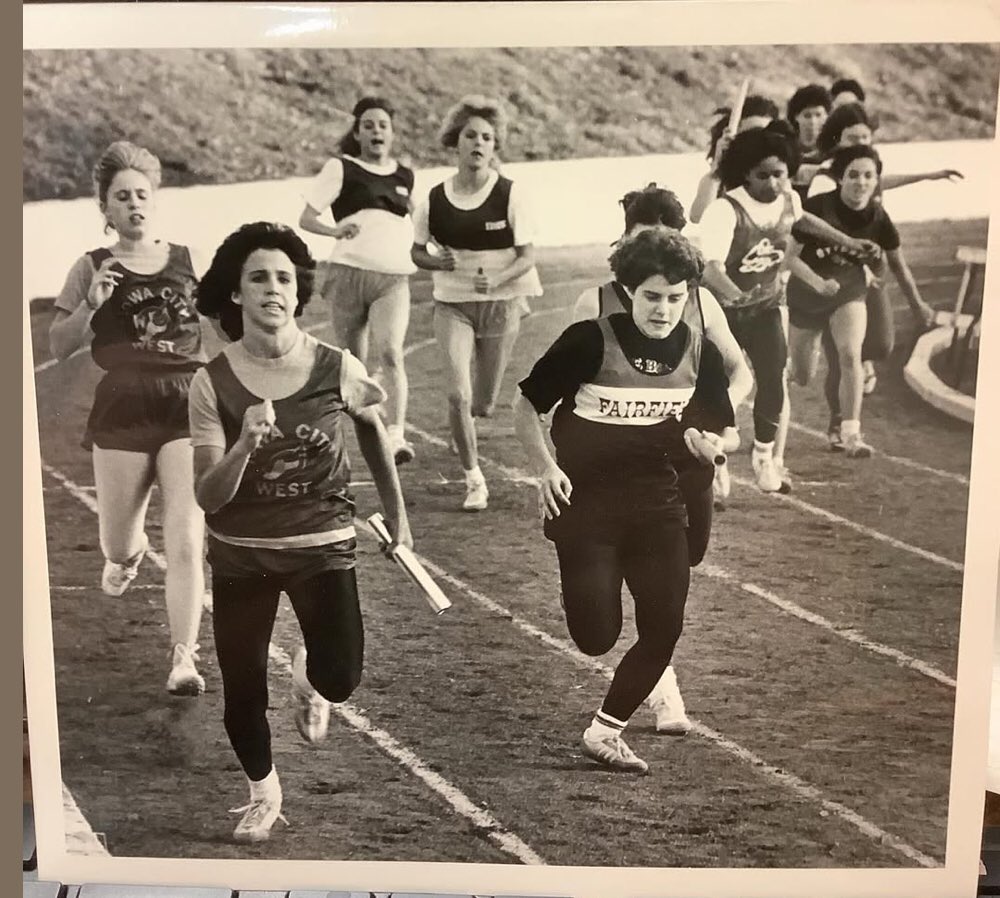 carnegieffiowa's tweet photo. How many of you ever ran on a cinder track in school?  Pictured is a relay race at @FHSTrojans high school.  Picture was from very late 80s as Fairfield got a new track in 1989. Imagine chalking the lines before every event held!!
#cindertrack
#iowahighschool https://t.co/3KwyBJTEmr