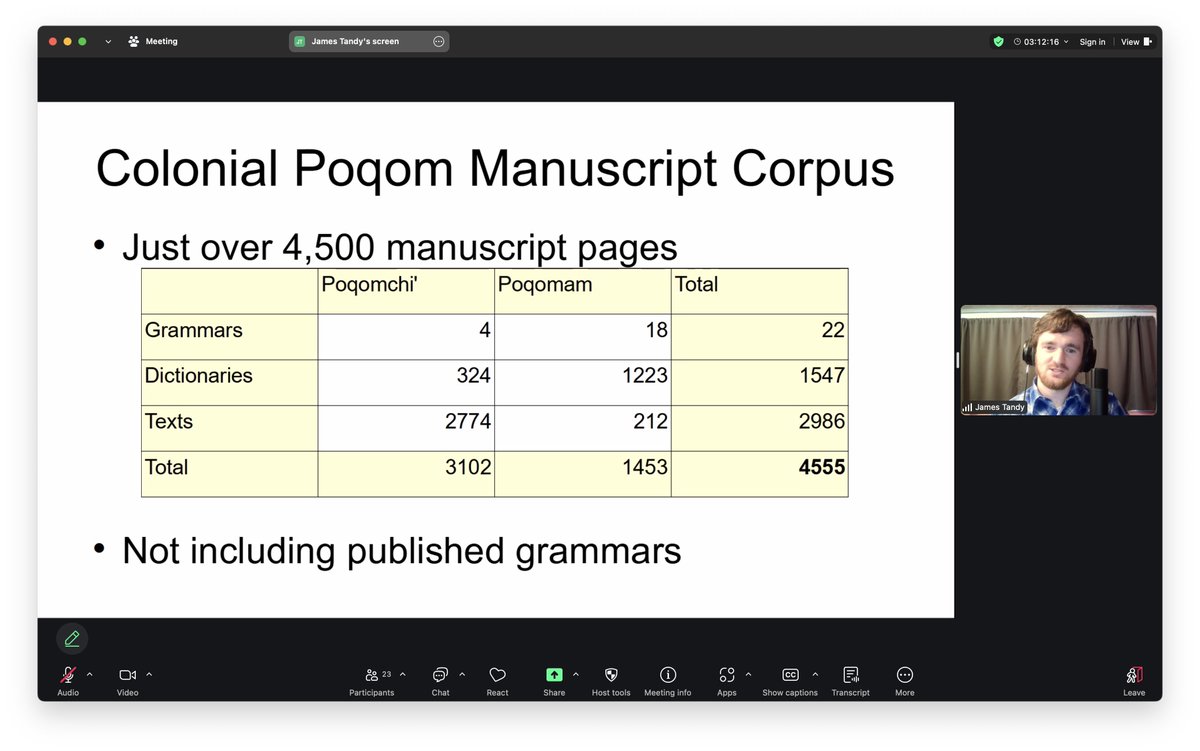 James Tandy (independent scholar) unfolding the #historicalsociolinguistics of liturgy and language change in ritual speech colonial Poqom texts on Day 2 of the 2025 #NARNiHS Research Incubator (4/26/2025).