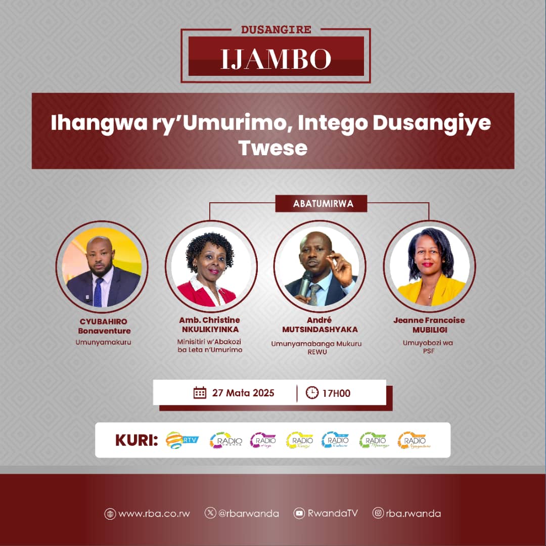 Rwanda Extractive Industry Workers Union (@rewurwanda) on Twitter photo Tubararikiye kuza gukurikira Ikiganiro DUSANGIRE IJAMBO ku nsangamatsiko igira iti "Ihangwa ry'Umurimo, Intengo Dusangiye Twese". Ni kuri <a href="/rbarwanda/">Rwanda Broadcasting Agency (RBA)</a> Tubararikiye kuza gukurikira Ikiganiro DUSANGIRE IJAMBO ku nsangamatsiko igira iti "Ihangwa ry'Umurimo, Intengo Dusangiye Twese". Ni kuri <a href="/rbarwanda/">Rwanda Broadcasting Agency (RBA)</a>