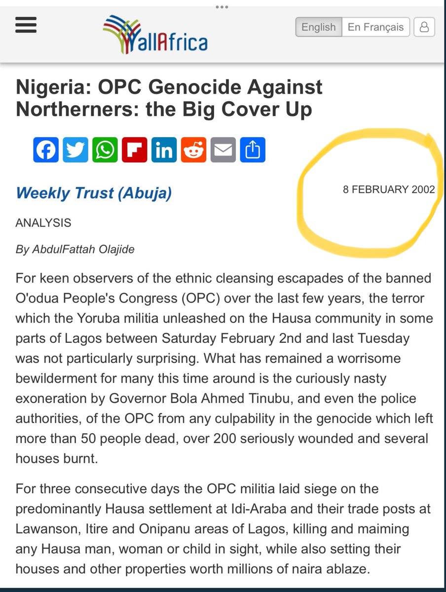 BEWARE OF DANGER ☢️☢️☢️☢️☢️☢️☢️☢️

Under Pablo Northerners were slaughtered by OPC ethnic militias like chicken in and around Idi Araba, Lawanson, Itire, &amp; Onipanu areas of Lagos between 2000-2003 in what has now been documented as the greatest earliest single genocide witnessed