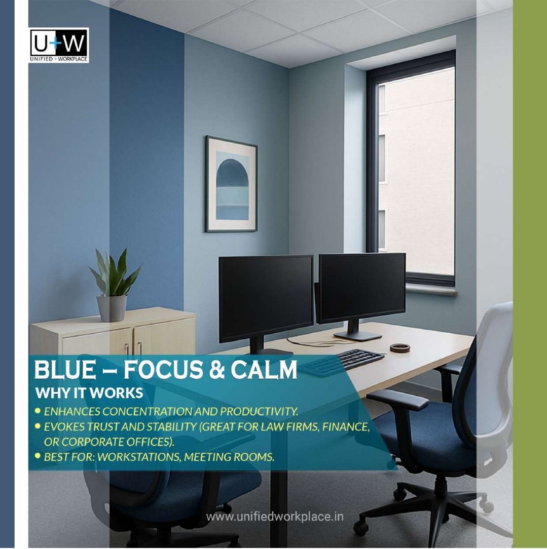 unifiedind's tweet photo. Colors in your office impact productivity &amp; mood. Blue boosts focus &amp; trust, great for workstations. Green reduces stress &amp; promotes creativity, ideal for creative spaces. Yellow sparks positivity, but use in moderation. Neutral tones create clarity, perfect for exec offices. https://t.co/ZjaZ7gQzew