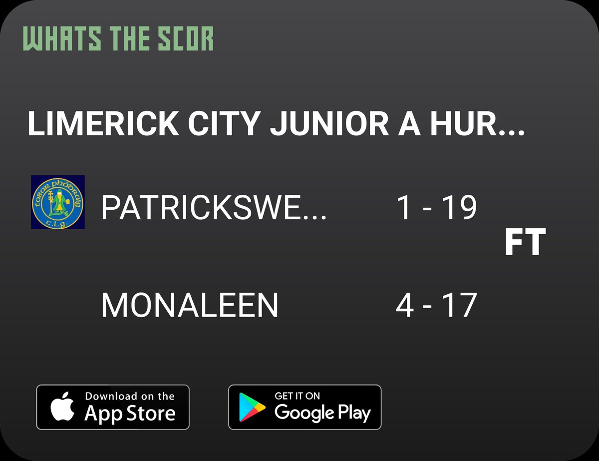 Patrickswell GAA & Camogie (@patrickswellgaa) on Twitter photo Get Live Score Updates straight to your phone, download Whats The Scor. Follow us on <a href="/WhatstheScor/">Whats The ScĂłr</a> Get Live Score Updates straight to your phone, download Whats The Scor. Follow us on <a href="/WhatstheScor/">Whats The ScĂłr</a>