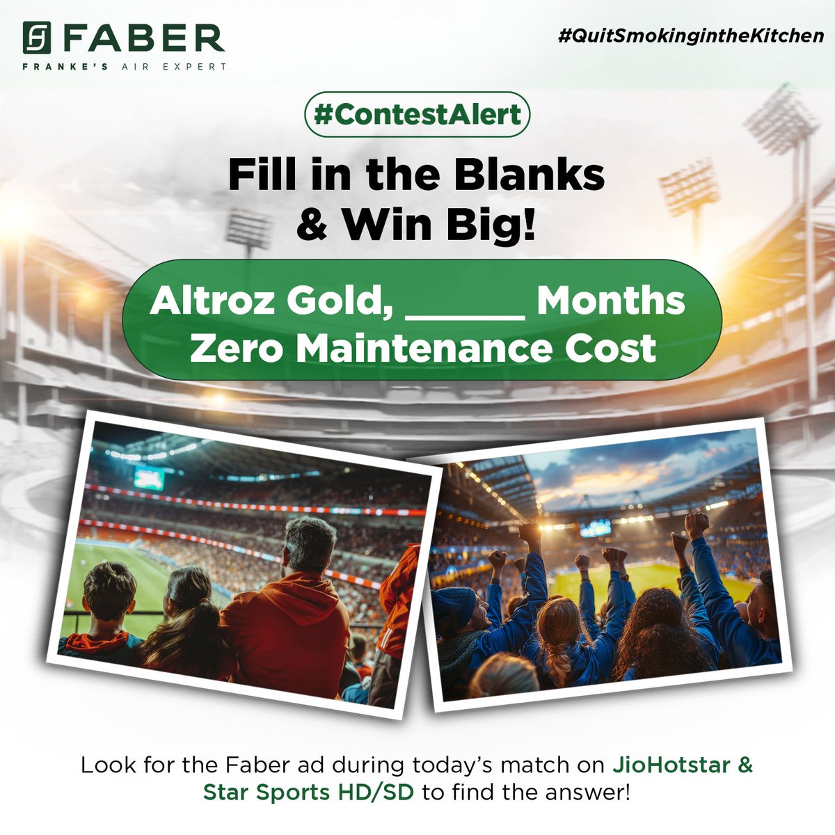 #ContestAlert

Enjoy today’s match on JioHotstar or Star Sports HD/SD, and keep an eye out for the Faber ad. Find the answer and share it in the comments!

How to enter:
✅ Follow us
✅ Share this post
✅ Tag 3 friends in the comments using 

#QuitSmokingInTheKitchen