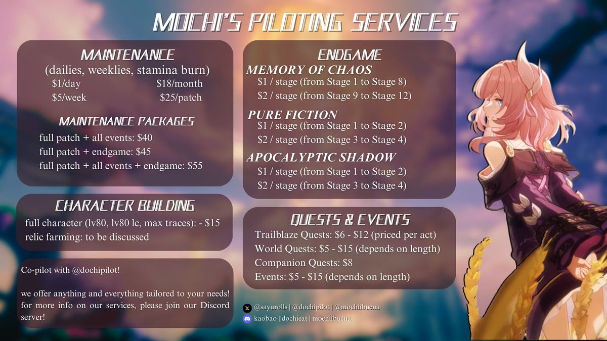 mochiibuena's tweet photo. ✦ Busy or burnt out? Avail our piloting services now! ✦   #mochireceipts   

✦ For GENSHIN: ✦
All information found in our carrd! https://t.co/9f5iZZ225b 
To avail, join our Discord server! https://t.co/9F1Ec2KOzr 
Fill up the form! https://t.co/gxwrJXwFgZ… https://t.co/qeRv2S0BWm