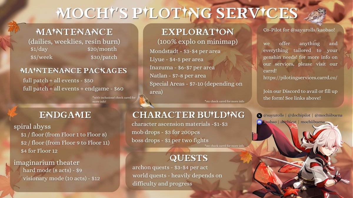 mochiibuena's tweet photo. ✦ Busy or burnt out? Avail our piloting services now! ✦   #mochireceipts   

✦ For GENSHIN: ✦
All information found in our carrd! https://t.co/9f5iZZ225b 
To avail, join our Discord server! https://t.co/9F1Ec2KOzr 
Fill up the form! https://t.co/gxwrJXwFgZ… https://t.co/qeRv2S0BWm