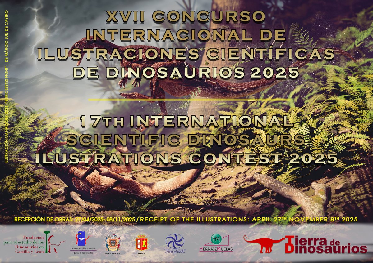 FDinosaurios's tweet image. XVII CONCURSO INTERNACIONAL DE ILUSTRACIONES CIENTÍFICAS DE #DINOSAURIOS 2025 / 17TH INTERNATIONAL CONTEST OF DINOSAUR SCIENTIFIC ILLUSTRATIONS 2025
#paleoartist #paleoart #sciart #dinosaurs #paleoarte #IlustraciónCientífica
Plazo: hasta el 8 nov. Bases: n9.cl/s19ql