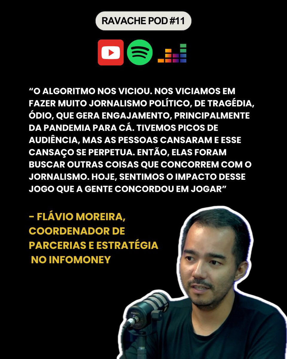 gravache's tweet image. Muita informação nem sempre significa estar melhor informado e as pessoas estão cansadas de notícias. 🧑🏽‍💻
‌
🎧 O Ravache Pod completo está disponível nas principais plataformas de áudio. Vai lá conferir!
‌
#Jornalismo #IA #Pandemia #Algoritmo