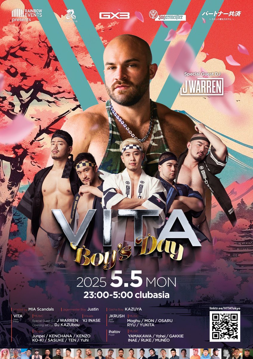 5/5 VITA Boy’s Day (@vitatokyo) on Twitter photo 今回のGogoはこちらの7名!
VITA初登場となるのはKO-KI✨
Gogoショーは、12:40, 2:15, 3:45 の3回で、
@gx3_underwear 様提供のかなり豪華な衣装で踊るのでお見逃しなく!
🉐前売価格は金曜まで
👉 linktr.ee/vitatokyo
--
VITA Boy's Day
5/5(火) 23:00-5:00
clubasia <a href="/clubasia_tokyo/">clubasia|CLUB</a> 今回のGogoはこちらの7名!
VITA初登場となるのはKO-KI✨
Gogoショーは、12:40, 2:15, 3:45 の3回で、
@gx3_underwear 様提供のかなり豪華な衣装で踊るのでお見逃しなく!
🉐前売価格は金曜まで
👉 linktr.ee/vitatokyo
--
VITA Boy's Day
5/5(火) 23:00-5:00
clubasia <a href="/clubasia_tokyo/">clubasia|CLUB</a>